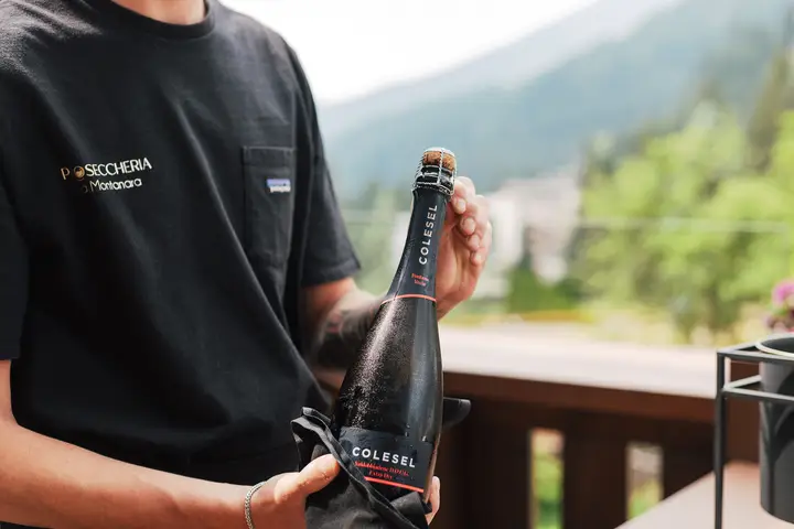 Una bottiglia di prosecco Colesel portata in terrazza, sullo sfondo i boschi